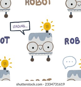Seamless pattern with different vintage robots. Hand painted illustration. Isolated endless repeating color simple flat pattern with robots, bolts, lettering and doodles. Pattern for kids with robots