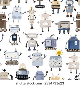 Seamless pattern with different vintage robots. Hand painted illustration. Isolated endless repeating color simple flat pattern with robots, bolts, lettering and doodles. Pattern for kids with robots