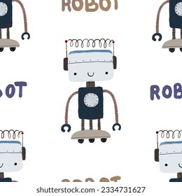 Seamless pattern with different vintage robots. Hand painted illustration. Isolated endless repeating color simple flat pattern with robots, bolts, lettering and doodles. Pattern for kids with robots