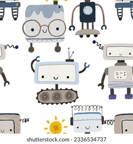 Seamless pattern with different vintage robots. Hand painted illustration. Isolated endless repeating color simple flat pattern with robots, bolts, lettering and doodles. Pattern for kids with robots