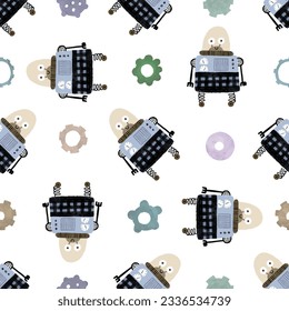 Seamless pattern with different vintage robots. Hand painted illustration. Isolated endless repeating color simple flat pattern with robots, bolts, lettering and doodles. Pattern for kids with robots