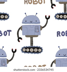 Seamless pattern with different vintage robots. Hand painted illustration. Isolated endless repeating color simple flat pattern with robots, bolts, lettering and doodles. Pattern for kids with robots
