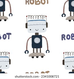 Patrón sin foco con diferentes robots vintage. Ilustración pintada a mano. Patrón plano simple de color repetitivo sin fin aislado con robots, pernos, letras y garrapatas. Patrón para niños con robots