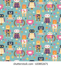 Seamless pattern with different vintage robots. vector illustration