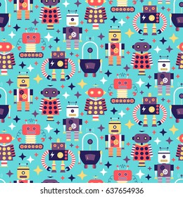 Seamless pattern with different vintage robots. vector illustration