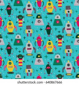 Seamless pattern with different vintage robots. vector illustration