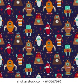 Seamless pattern with different vintage robots. vector illustration