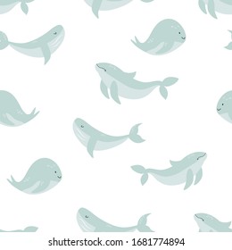 Seamless pattern with different whales. For print, greeting cards, textile, fabric decoration