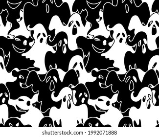 Seamless pattern of different white and black ghosts. Halloween symbol. Can be used for wallpaper, wrapping paper, posters, banners, flyers and invitations. Vector illustration.