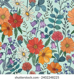 Seamless pattern with different wild herbs