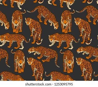 Seamless pattern with a different wild Jaguars on a dark background. Textile composition, hand drawn style print. Vector illustration.