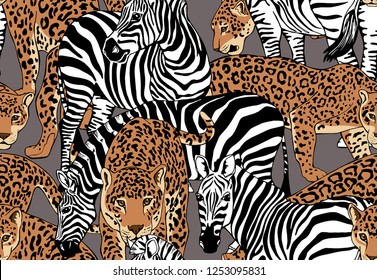 Seamless pattern with a different wild Jaguars and Zebras. Textile composition, hand drawn style print. Vector illustration.