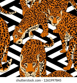 Seamless pattern with a different wild Jaguars on a geometric background. Textile composition, hand drawn style print. Vector illustration.