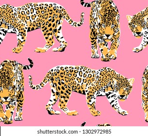 Padrão sem emenda com diferentes leopardos selvagens em um fundo rosa. Composição têxtil, impressão de estilo desenhado à mão. Ilustração vetorial.