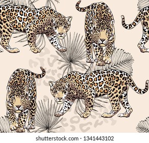 Padrão sem emenda com diferentes leopardos selvagens, folhas de palmeira e manchas de pele em um fundo bege. Composição têxtil, impressão de estilo desenhado à mão. Ilustração vetorial.