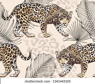 Seamless pattern with a different wild leopards, palm leaves and spots of skin on a beige background. Textile composition, hand drawn style print. Vector illustration.