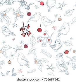 Seamless pattern with different wild winter birds and Christmas symbols. Endless texture with festive elements for season design.