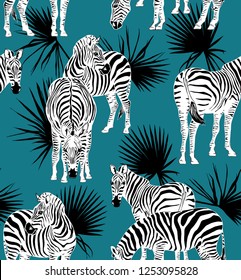 Seamless pattern with a different wild Zebras and a Tropical exotic palm leaves on a blue background. Textile composition, hand drawn style print. Vector illustration.