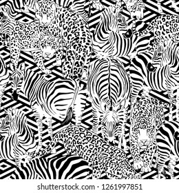 Seamless pattern with a different wild Zebras and Leopards on a geometric background. Textile composition, hand drawn style print. Vector black and white illustration.