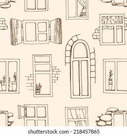 Seamless pattern with different windows. Vintage pattern with the windows of different types. Brown contour on a beige background.