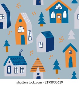 Seamless pattern with different winter  and Christmas symbols. Cozy houses. 
Hand draw vector collection of Christmas winter symbols.