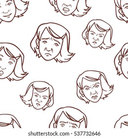 Seamless pattern with different women's emotions.