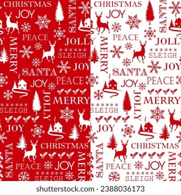 Seamless Pattern of Different Wordings for Christmas with Deer, Snowflakes, Holly leafs, and Pine Tree-Christnas Vector Illustration