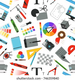 Seamless pattern with different work tools for designers and artists. Brush tool and pencil pattern. Vector illustration