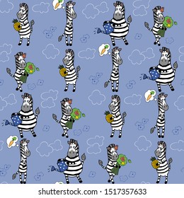 Seamless pattern with different zebras, flowers, fruits and nature