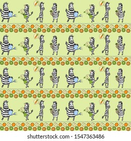 Seamless pattern with different zebras and different fruits