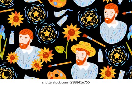 Seamless pattern with differnt art symbols. Vincent van Gogh, sunflowers and iris flowers, palette, brushes and oil colors, Starry Night, Portrait with Straw Hat. Artist and art