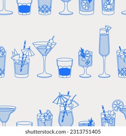 Seamless pattern of diffetert cocktails. Line art, retro. Vector illustration for bars, cafes, and restaurants.