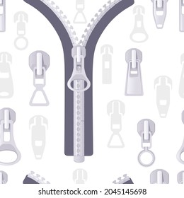 Seamless pattern diffirent types of fastener zippers vector illustration on white background