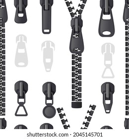 Seamless pattern diffirent types of fastener zippers vector illustration on white background