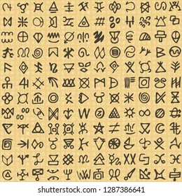 Seamless Pattern digital art and screen printing nations and tribes African or ancient Ethnic Iceland Futhark norse and viking ritual symbols. Magic hand draw scripted talismans repeatable background