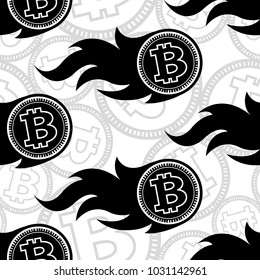 Seamless pattern of digital bitcoin crypto currency icons and flames. Vector illustration. Ideal for wallpaper, wrapping, packaging, fabric design and any kind of decoration.