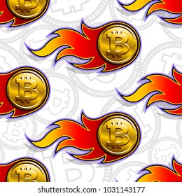 Seamless pattern of digital bitcoin crypto currency icons and flames. Vector illustration. Ideal for wallpaper, wrapping, packaging, fabric design and any kind of decoration.
