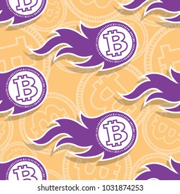 Seamless pattern of digital bitcoin crypto currency icons and flames. Vector illustration. Ideal for wallpaper, wrapping, packaging, fabric design and any kind of decoration.
