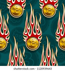 Seamless pattern with digital bitcoin crypto currency symbol and hot rod flame. Vector illustration. Ideal for wallpaper packaging fabric textile wrapping paper design.