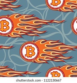 Seamless pattern with digital bitcoin crypto currency symbol and hot rod flame. Vector illustration. Ideal for wallpaper packaging fabric textile wrapping paper design.