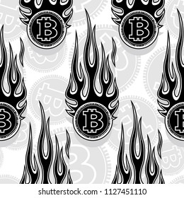 Seamless pattern with digital bitcoin crypto currency symbol and hot rod flame. Vector illustration. Ideal for wallpaper packaging fabric textile wrapping paper design.
