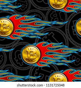 Seamless pattern with digital bitcoin crypto currency symbol and hot rod flame. Vector illustration. Ideal for wallpaper packaging fabric textile wrapping paper design.