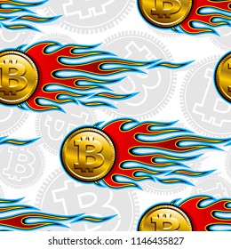 Seamless pattern with digital bitcoin crypto currency symbol and hot rod flame. Vector illustration. Ideal for wallpaper packaging fabric textile wrapping paper design.