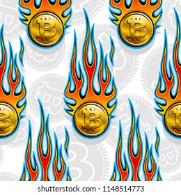 Seamless pattern with digital bitcoin crypto currency symbol and hot rod flame. Vector illustration. Ideal for wallpaper packaging fabric textile wrapping paper design.