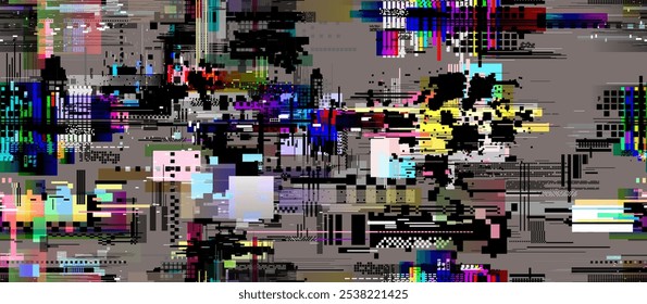 Seamless pattern digital decay elements. Geometric glitch, colored abstract art tv noise effect. Seamless pattern Retro pixel texture, broken distorted video elements. Vector cyberpunk illustration.