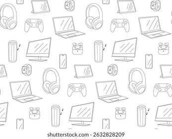 Seamless pattern with digital gadgets in linear style. Vector background for electronics, devices and minimal tech design