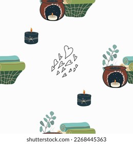 Seamless pattern, digital paper, candle theme wrapping paper, aromatherapy, hobby, pastime, relaxation, self love, self care. Flat cartoon vector illustration, hand drawn style.