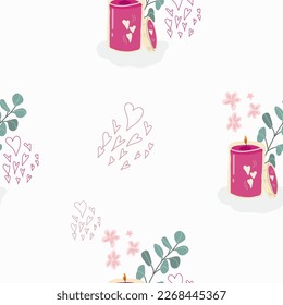 Seamless pattern, digital paper, candle theme wrapping paper, aromatherapy, hobby, pastime, relaxation, self love, self care. Flat cartoon vector illustration, hand drawn style.