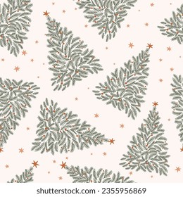 Seamless pattern, digital paper repeating background for fabric, wallpaper, wrapping paper and surface design with chistmas tree and stars