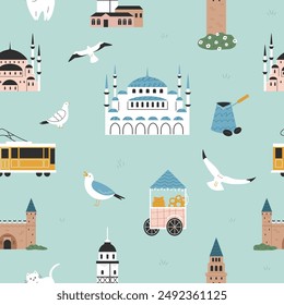 Seamless pattern, digital paper with symbols and famous places of Istanbul.